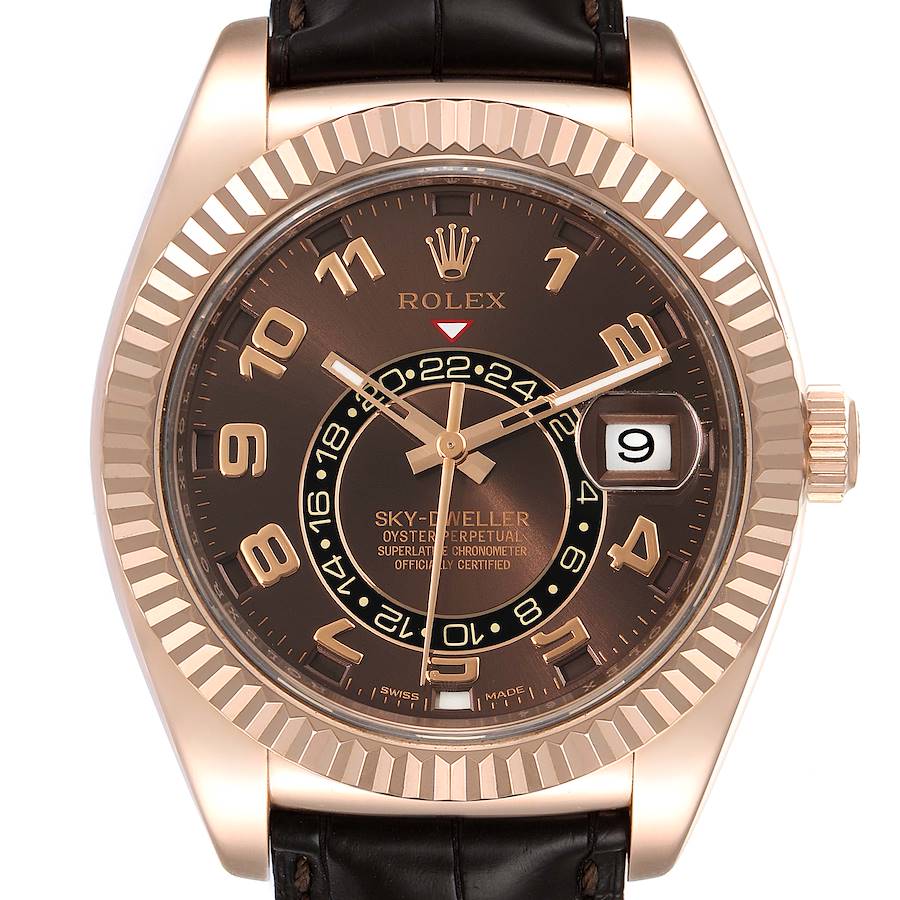 Men's Rolex 42mm Sky-Dweller Oyster Perpetual Watch with 18K Everose Gold, Chocolate Dial and Brown Leather Bracelet. (NEW 326135)