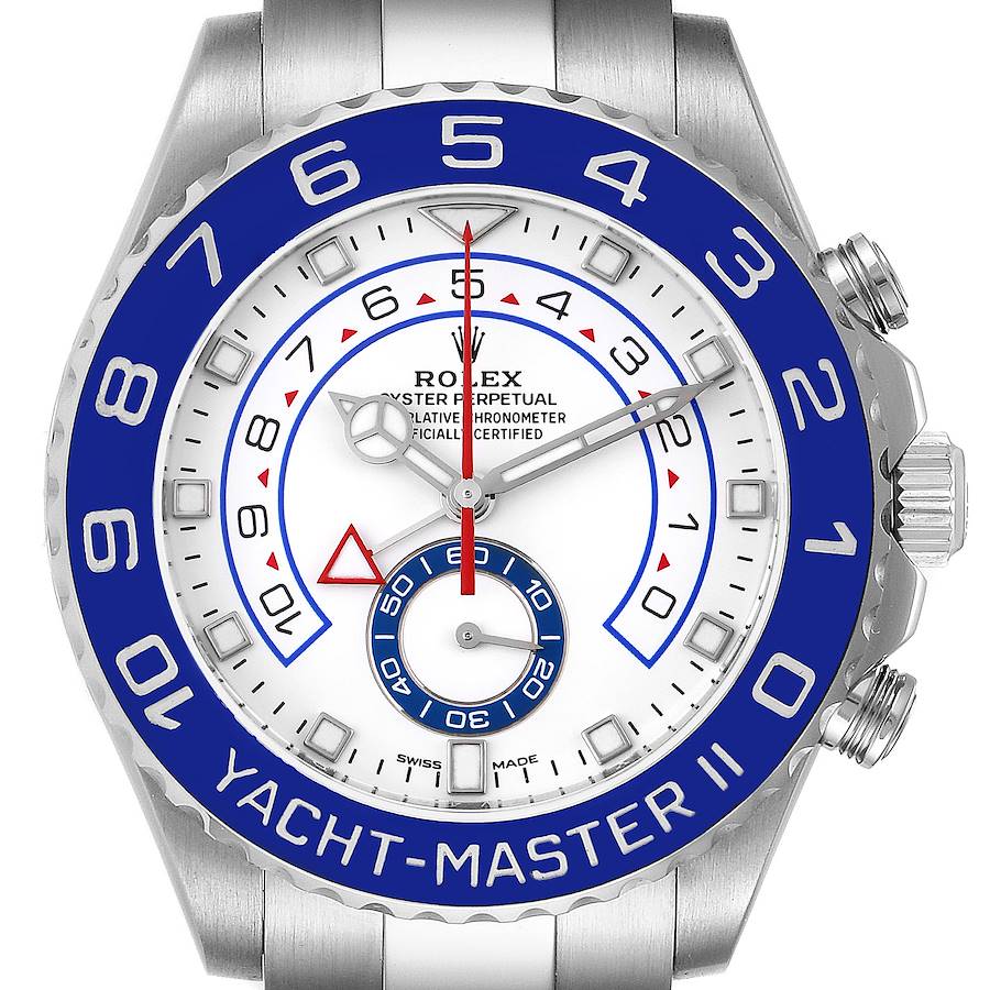 Men's Rolex 44mm Yacht Master II Oyster Perpetual Stainless Steel Band Watch with White Dial and Signature Bezel. (NEW 116680)