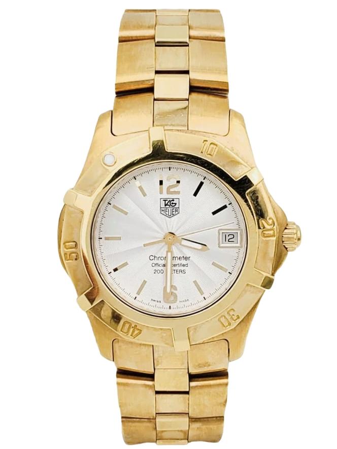 Men's TAG Heuer 38mm Chronometer 2000 Solid 18K Yellow Gold Watch with Silver Dial and Smooth Bezel. (Pre-Owned WN5140)
