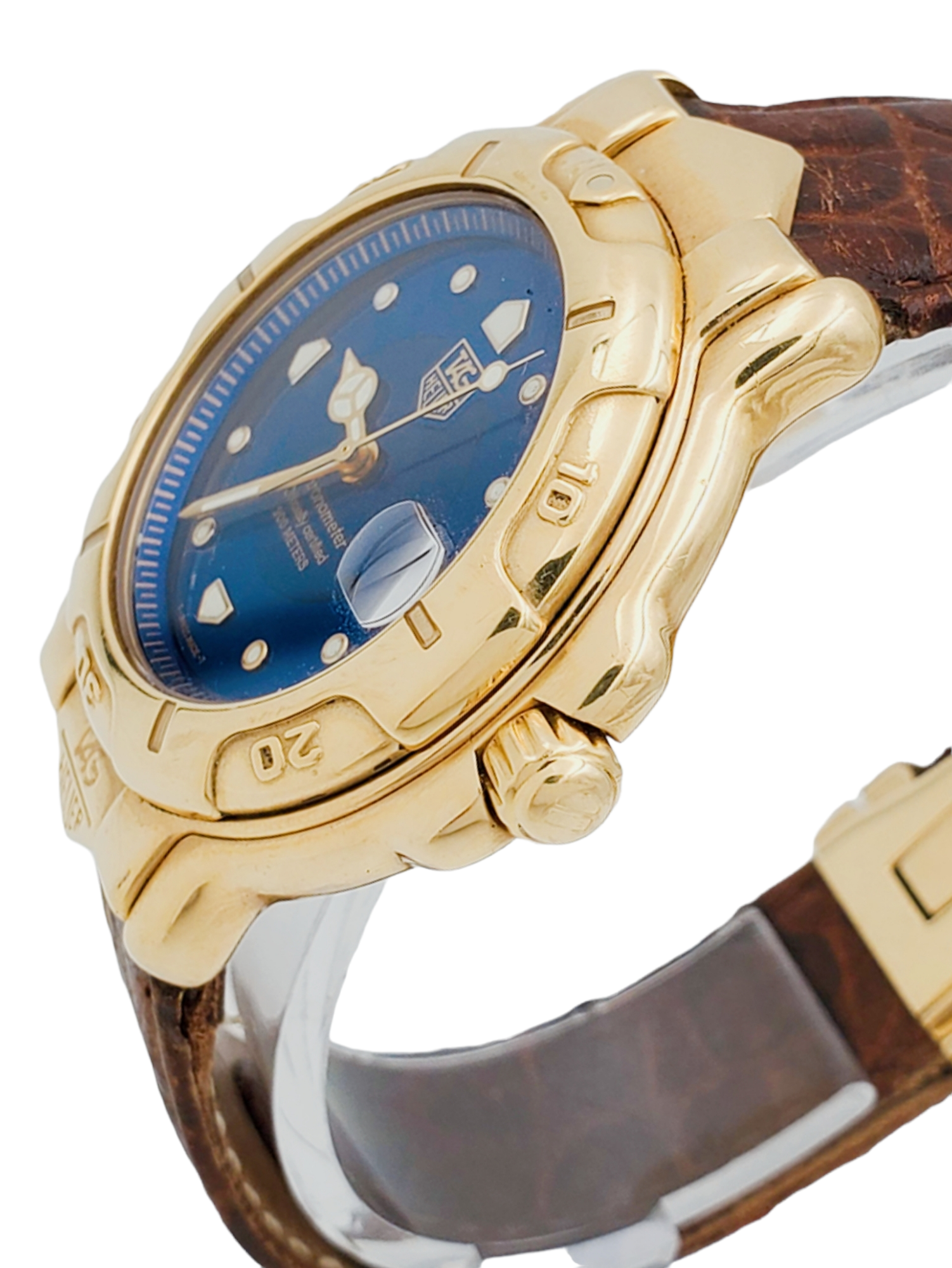 Men's TAG Heuer 38mm Solid 18K Yellow Gold Watch with Blue Dial and Smooth Bezel. (Pre-Owned WH234)