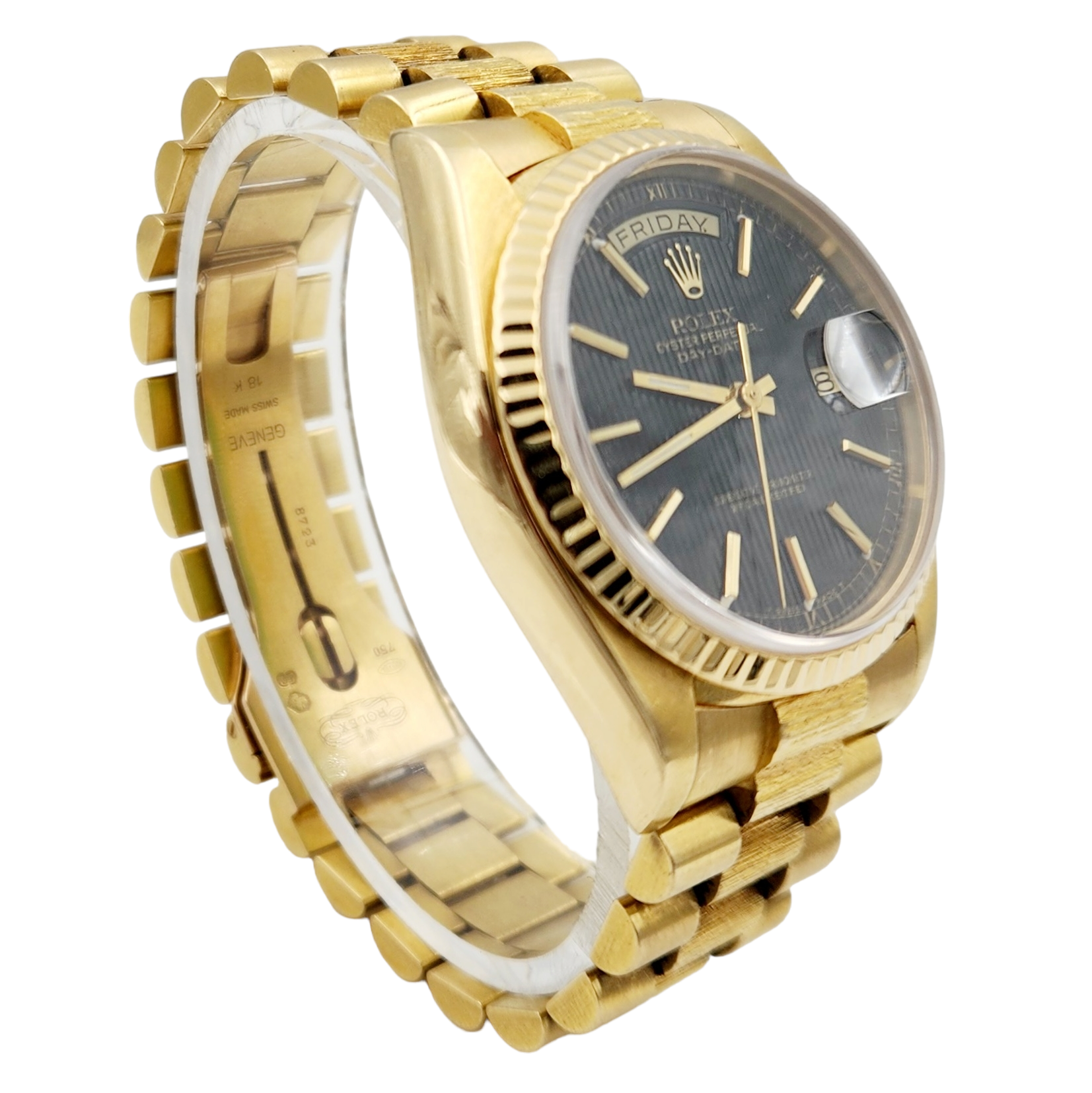 Men's Rolex 36mm Presidential 18K Yellow Gold Watch with Black Tapestry Dial and Fluted Bezel. (Pre-Owned 18030)