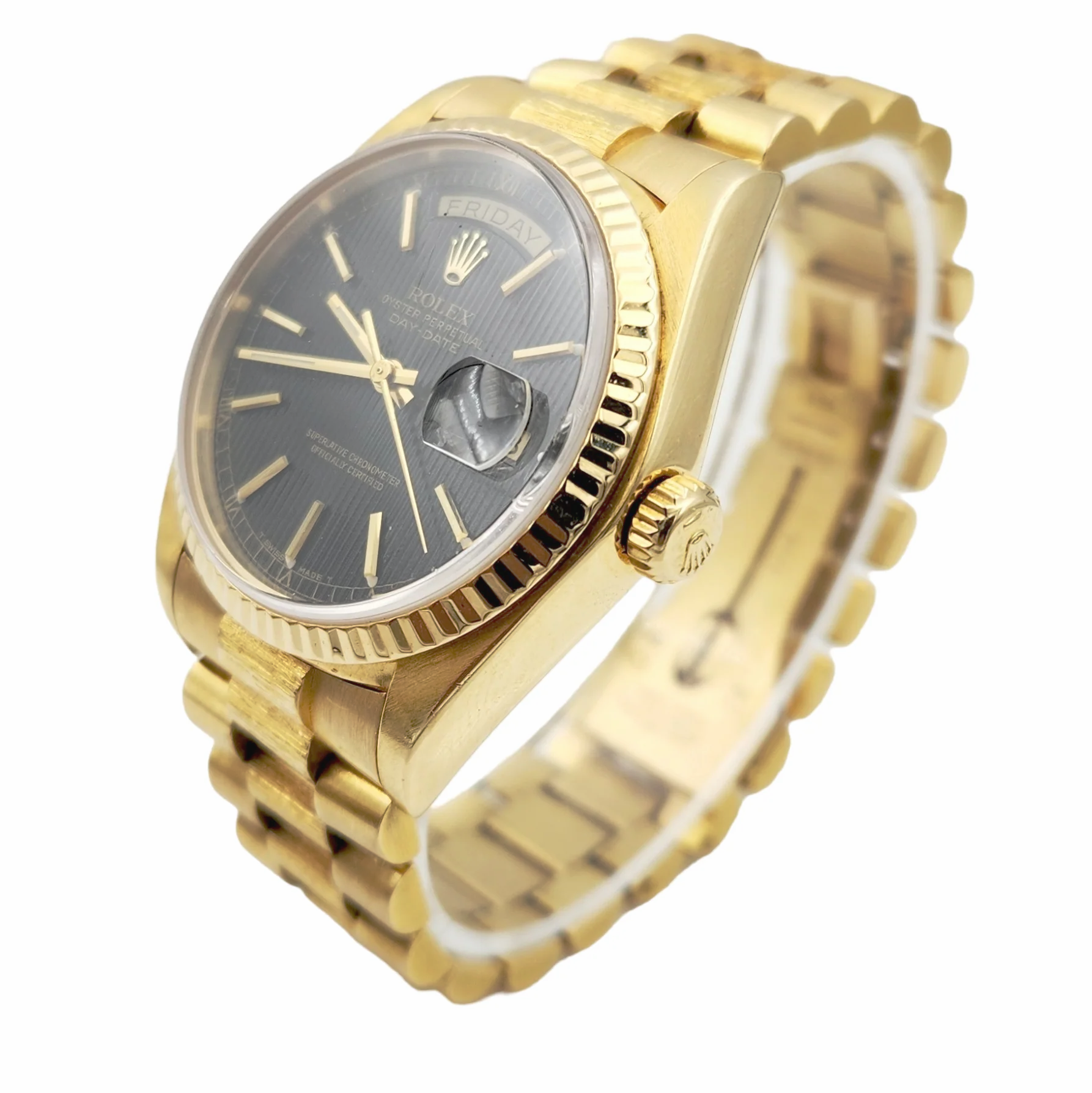 Men's Rolex 36mm Presidential 18K Yellow Gold Watch with Black Tapestry Dial and Fluted Bezel. (Pre-Owned 18030)