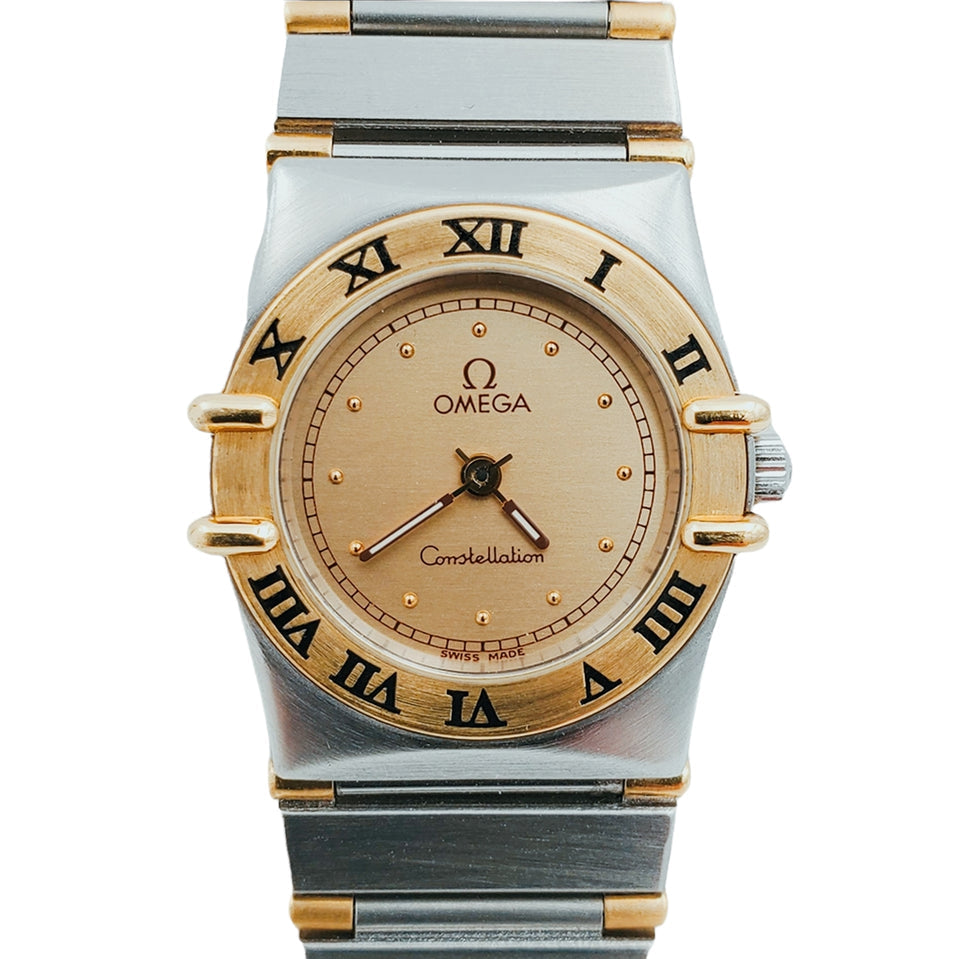 Ladies Omega Constellation 22mm Two Tone Watch with Quartz Movement and Gold Dial. (Pre-Owned)