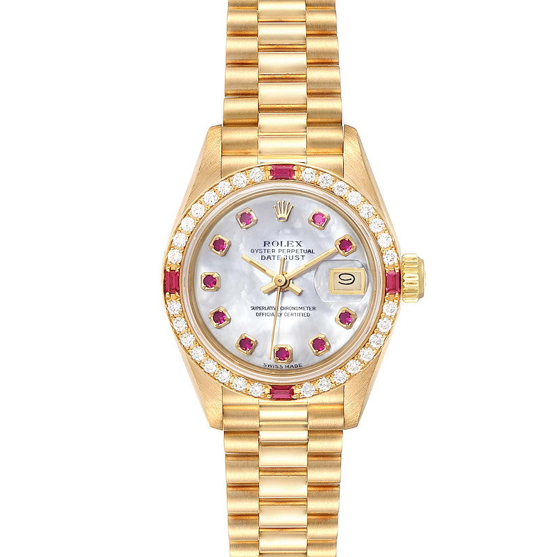 Women's Rolex Presidential 26mm Solid 18K Yellow Gold Watch with Mother of Pearl Ruby Dial and Diamond Bezel. (Pre-Owned 7906B)