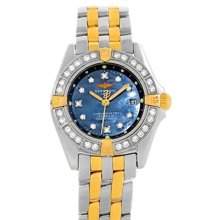 Ladies Breitling 29mm Callisto 18K Yellow Gold / Stainless Steel Watch with Blue Mother of Pearl Diamond Dial and Diamond Bezel. (Pre-Owned B72345)