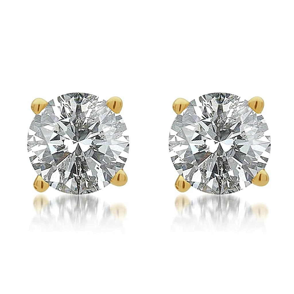 14K Yellow Gold Four Prong Round 2.10 CT - Total weight (VS2 Color G) Diamond Stud Earrings.