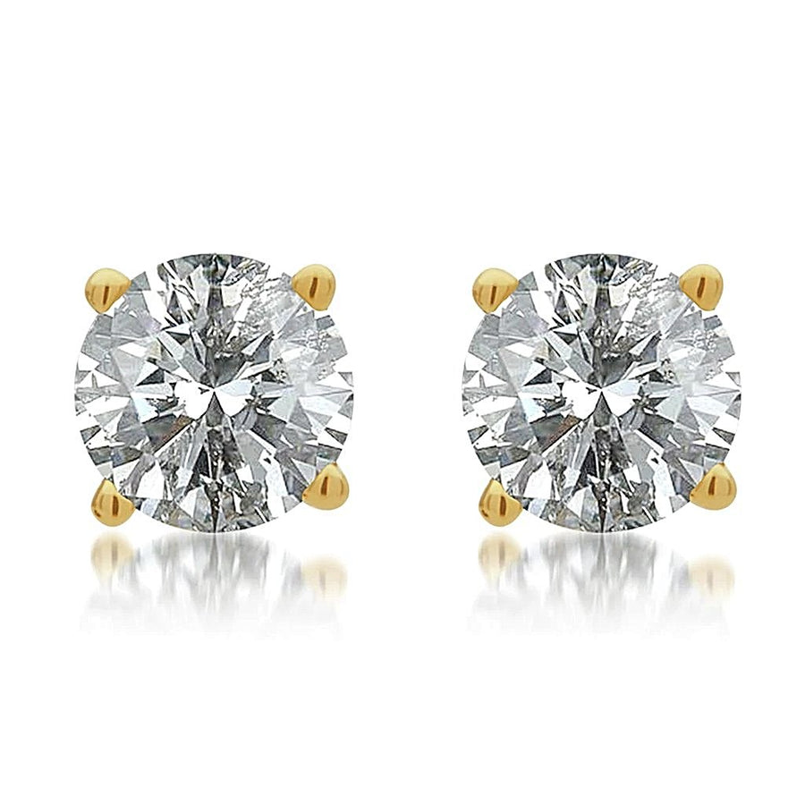 14K Yellow Gold Four Prong Round 2.10 CT (TW) VS2 Color G Diamond Stud Earrings.