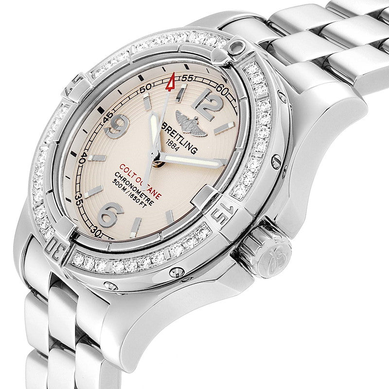 Ladies Breitling 34mm Colt Oceane Stainless Steel Watch with Off-White Silver Dial and Diamond Bezel. (Pre-Owned A77380)