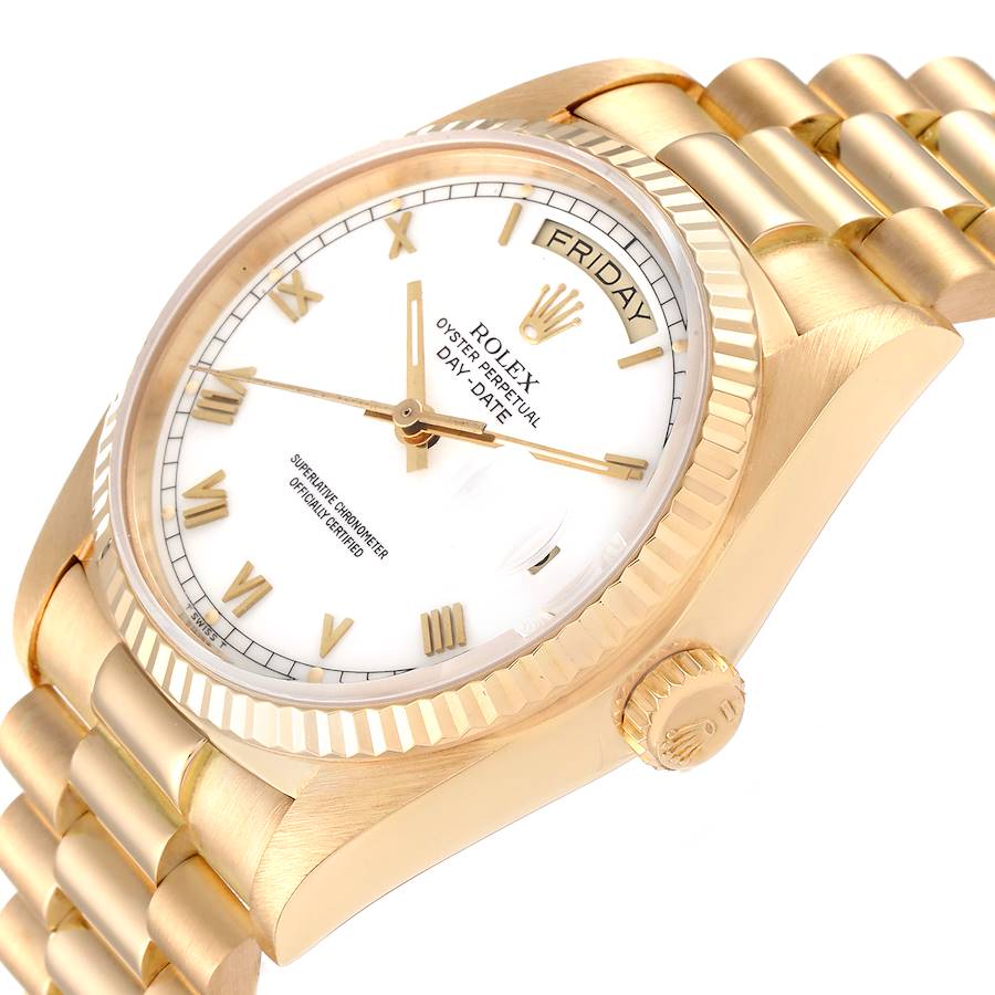 Men's Rolex 36mm Presidential Day-Date 18k Yellow Gold Watch with White Dial and Fluted Bezel. (Pre-Owned 18030)