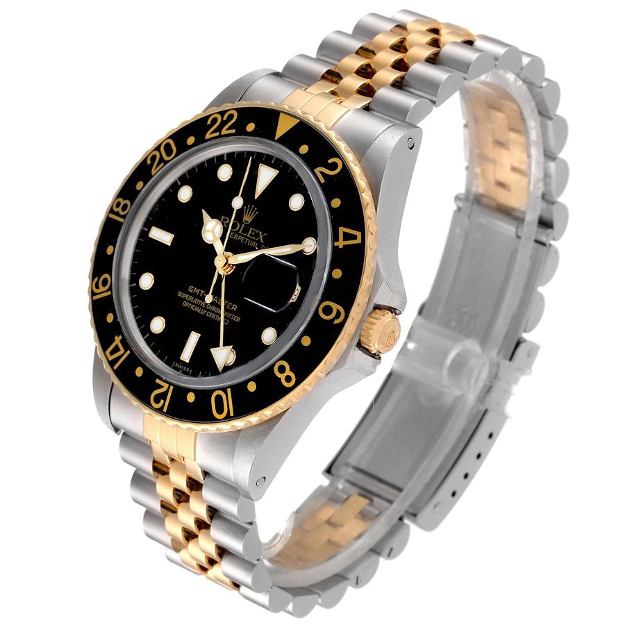 Men's Rolex 40mm GMT Master Two Tone 18K Yellow Gold / Stainless Steel Watch with Black Dial and Fluted Bezel. (Pre-Owned 16753)