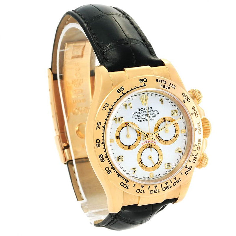 Men's Rolex 40mm Daytona 18K Yellow Gold Watch with Black Leather Strap and White Dial. (Pre-Owned 116518)