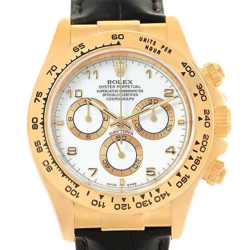 Men's Rolex 40mm Daytona 18K Yellow Gold Watch with Black Leather Strap and White Dial. (Pre-Owned 116518)