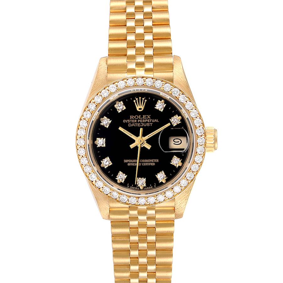 Ladies Rolex 26mm Presidential 18K Yellow Gold Watch with Black Diamond Dial and Diamond Bezel. (Pre-Owned)