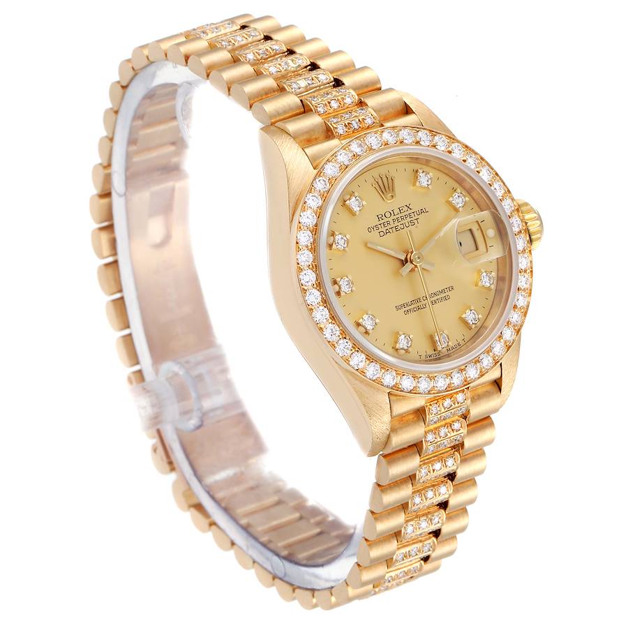 Ladies Rolex 26mm Presidential 18K Yellow Gold Watch with Champagne Diamond Dial, Diamond on Bracelet and Diamond Bezel. (Pre-Owned)