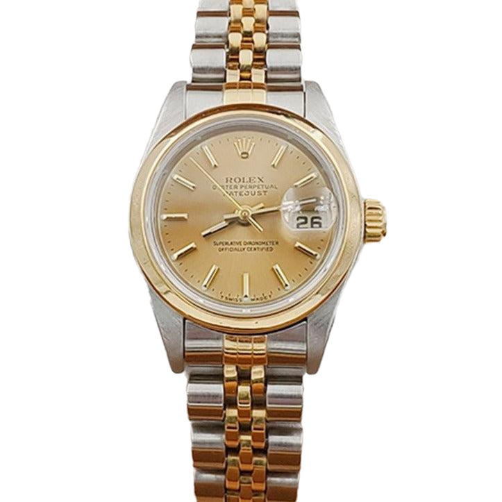 Ladies Rolex 26mm DateJust Two Tone 18K Gold Watch with Champagne Dial and Smooth Bezel. (Pre-Owned)