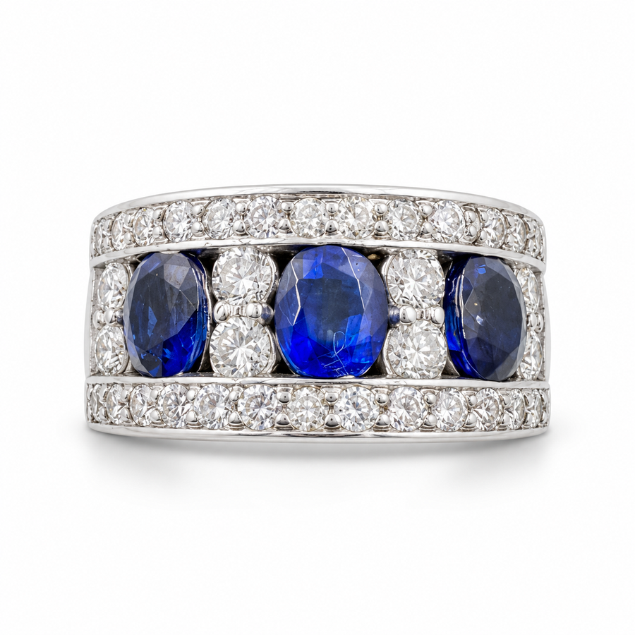 14K White Gold Band with 3 Oval Sapphires and Diamonds. (Size 6.00)