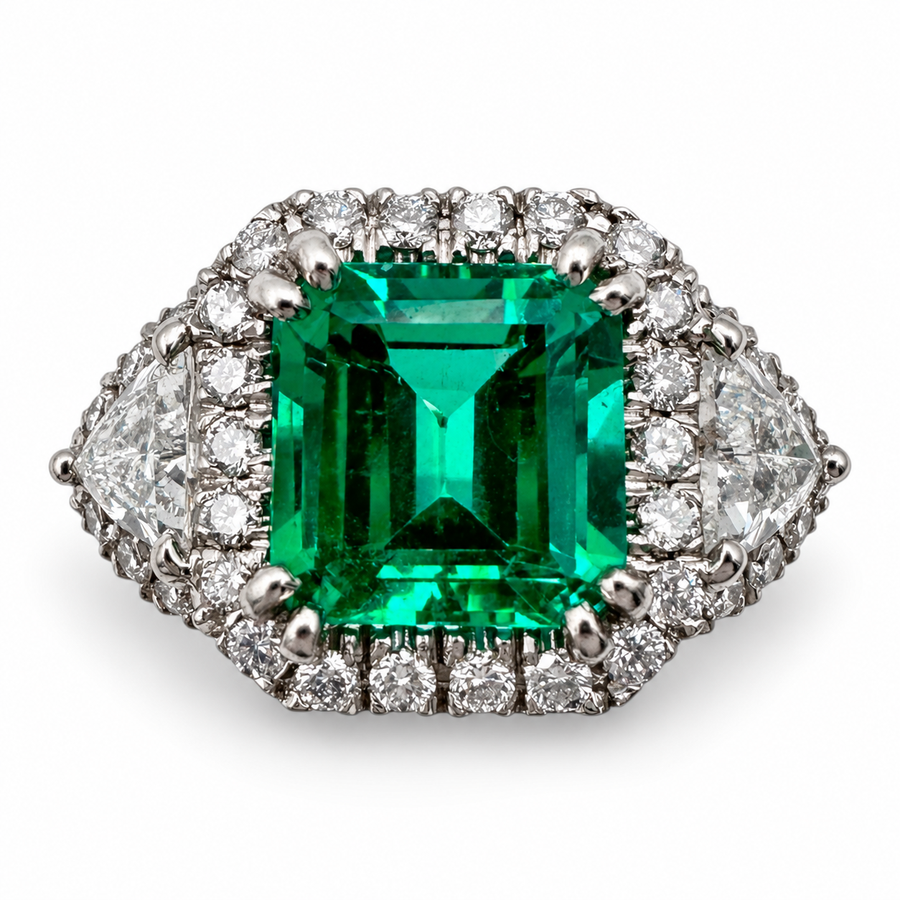14K White Gold Ring with 4.46 Ct. Emerald and Diamonds. (Size 8.25)
