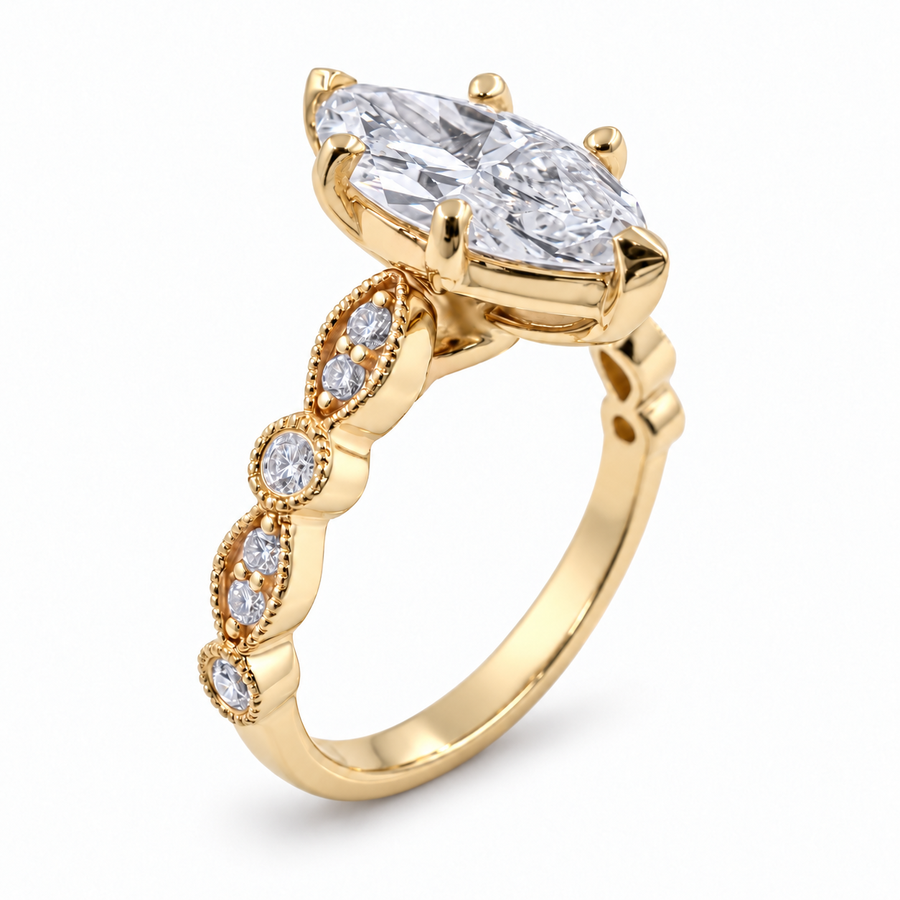 14K Gold Custom Engagement Ring Featuring IGI Certified Marquise Shape Lab Grown Diamond.