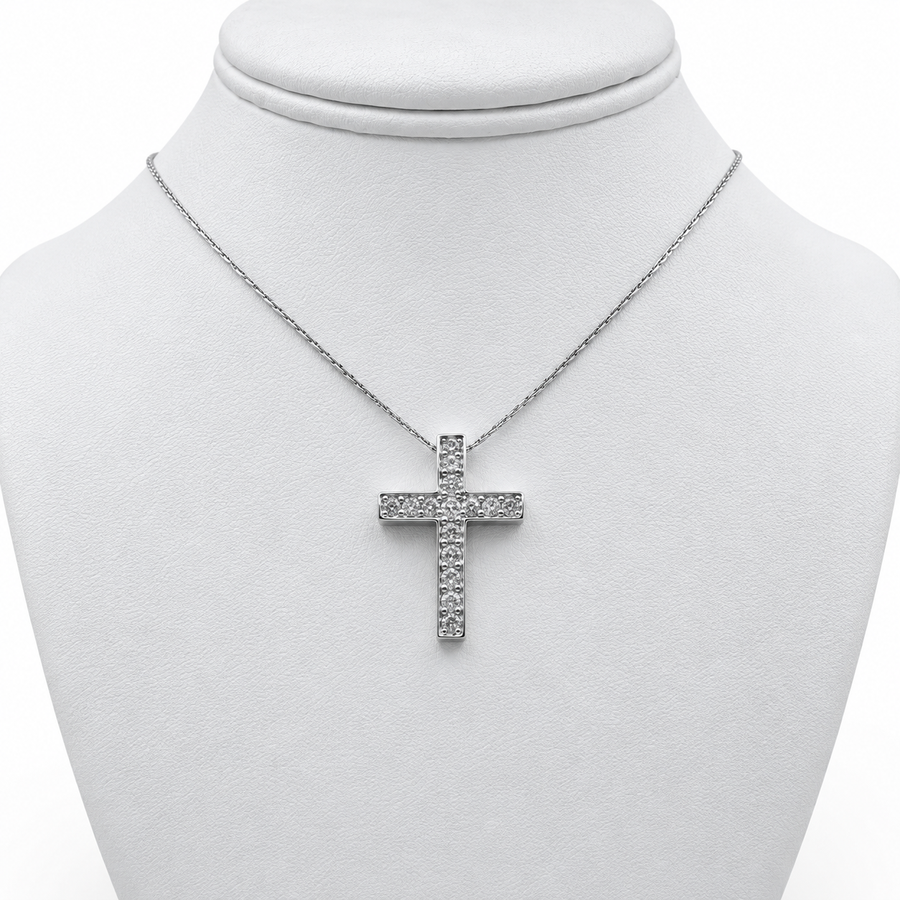14k White Gold Cross Pendant with Diamonds and 14" Necklace.