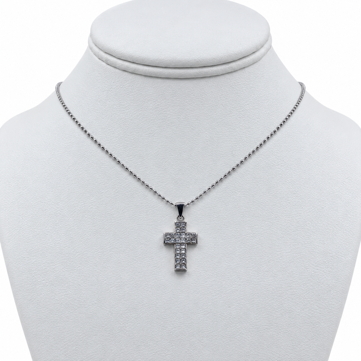 14k White Gold Cross Pendant with Diamonds and 14" Necklace.
