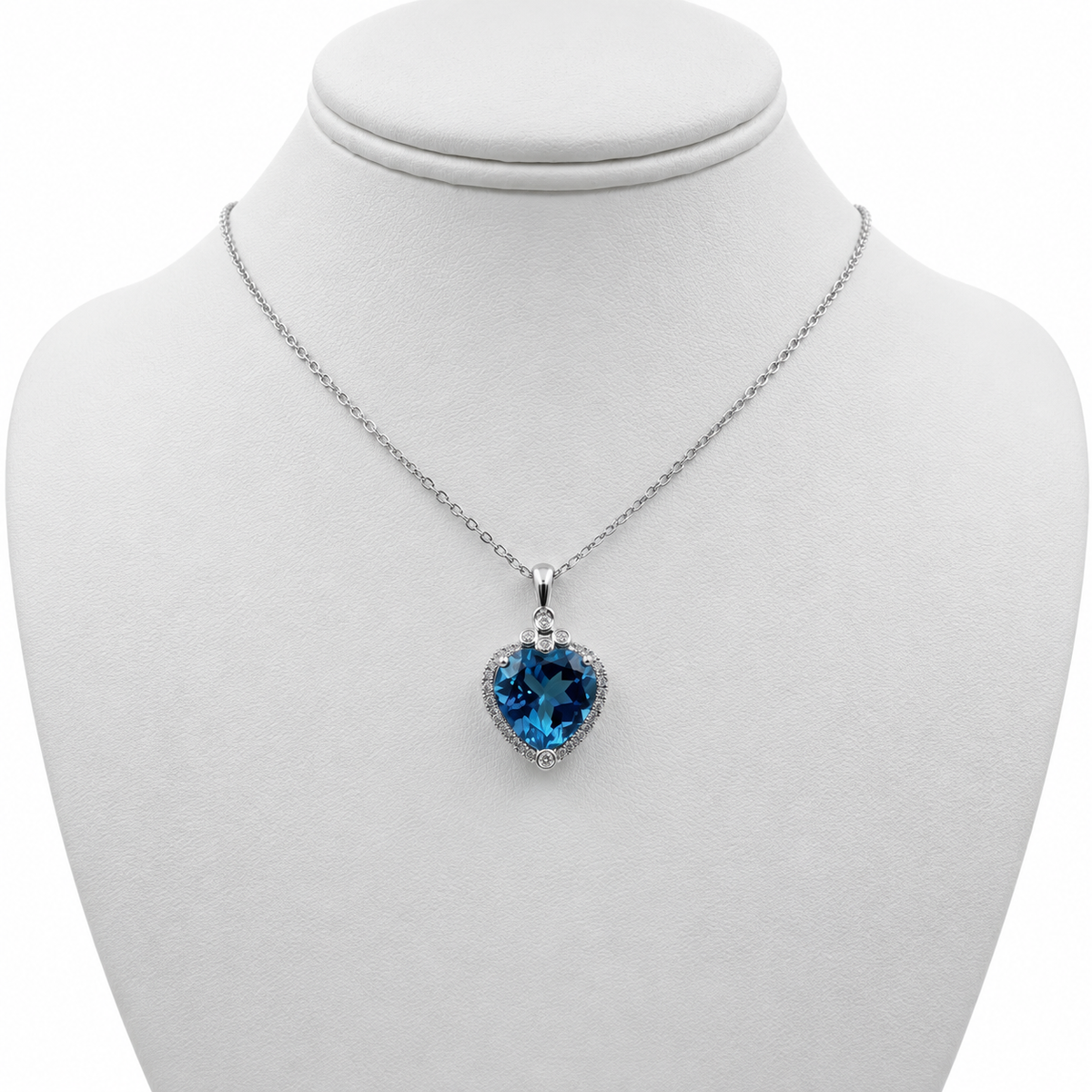 14k White Gold Heart Pendant with Blue Topaz and 16" Necklace.