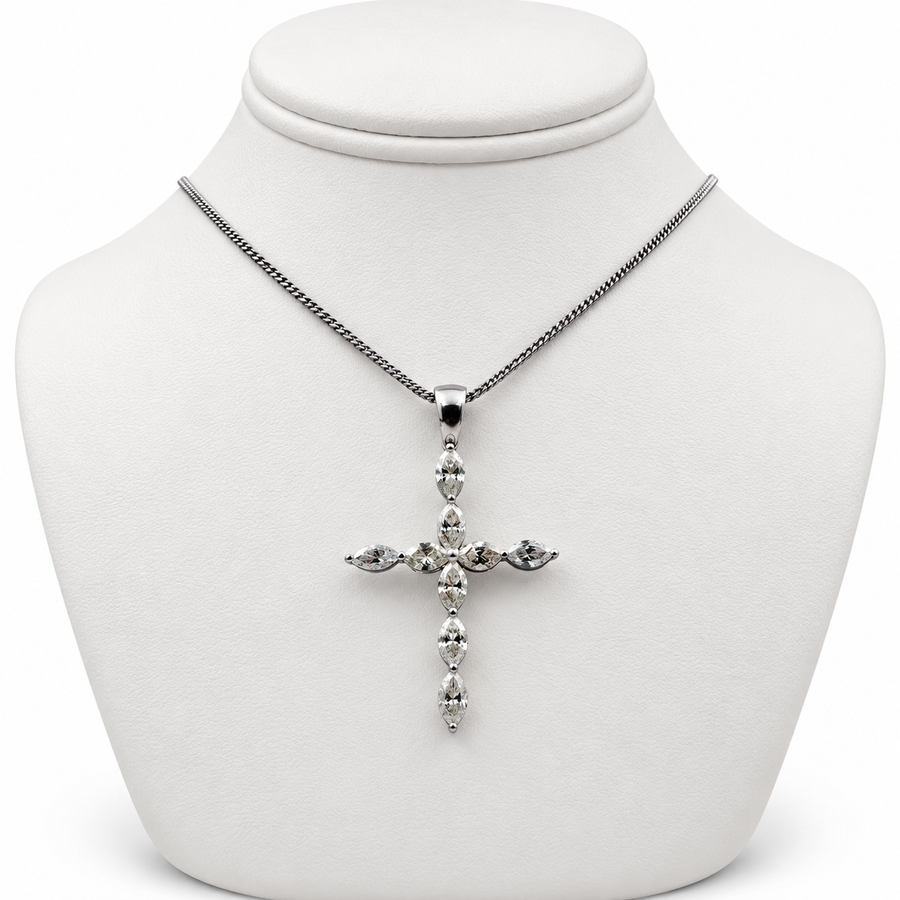 14k White Gold Marquise Diamond Cross Pendant with 15" Necklace.