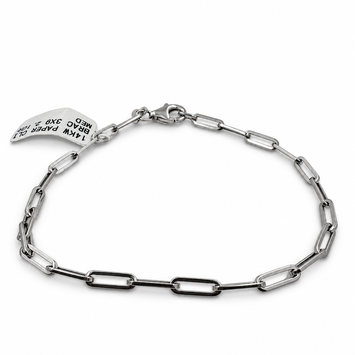 14k White Gold Paper Clip 7.25" Bracelet. (New)
