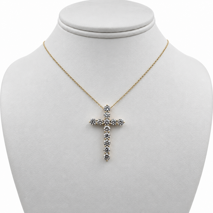 14k Yellow Gold Cross Pendant with Lab Diamonds and 14" Necklace.