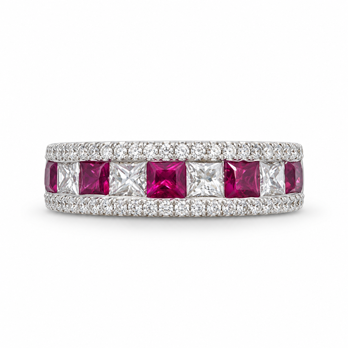 18K White Gold Band with 5 Princess Cut Rubies and Diamonds. (Size 6.00)