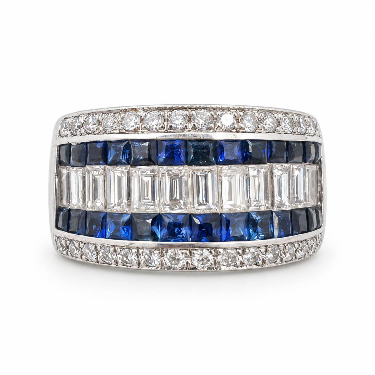 18K White Gold Band with Princess Cut Sapphires and Diamonds. (Size 6.75)