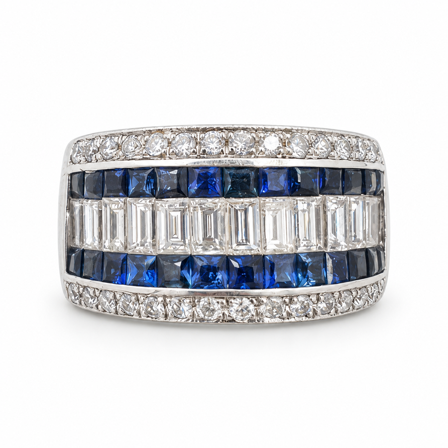 18K White Gold Band with Princess Cut Sapphires and Diamonds. (Size 6.75)