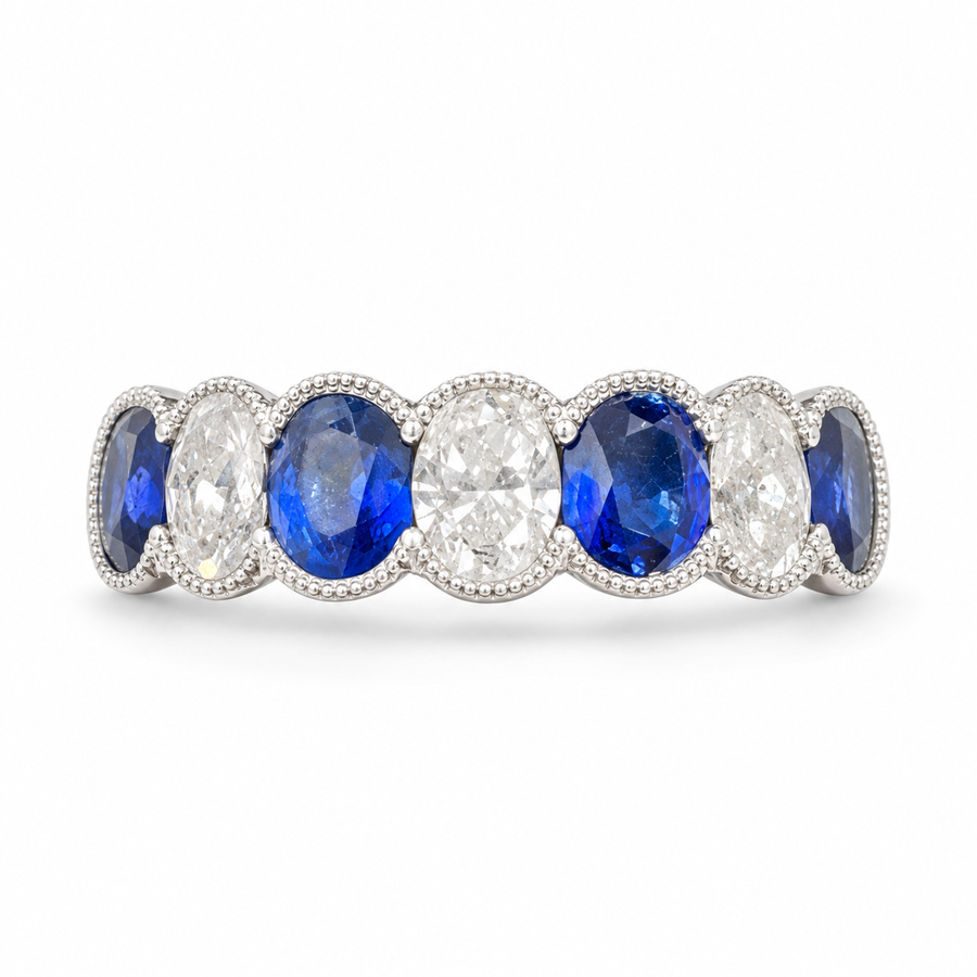 18K White Gold Band with Sapphire and Diamonds. (Size 6.50)