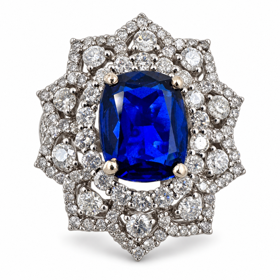 18K White Gold Ring with Sapphire and Diamonds 2.33 Ct. (Size 7.00)