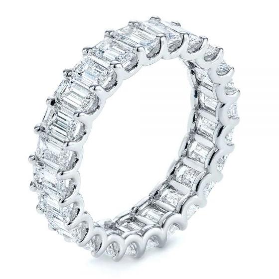 18K White Gold Emerald Cut Diamond Eternity Band Engagement Ring.