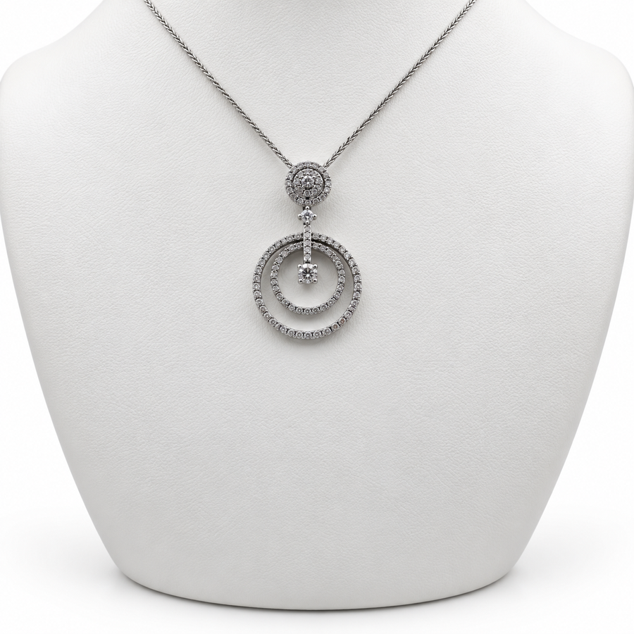 18k White Gold Circle Pendant with Diamonds and 15" Necklace.