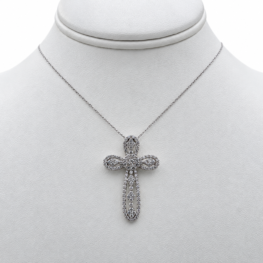 18k White Gold Cross Pendant with Diamonds and 14" Necklace.
