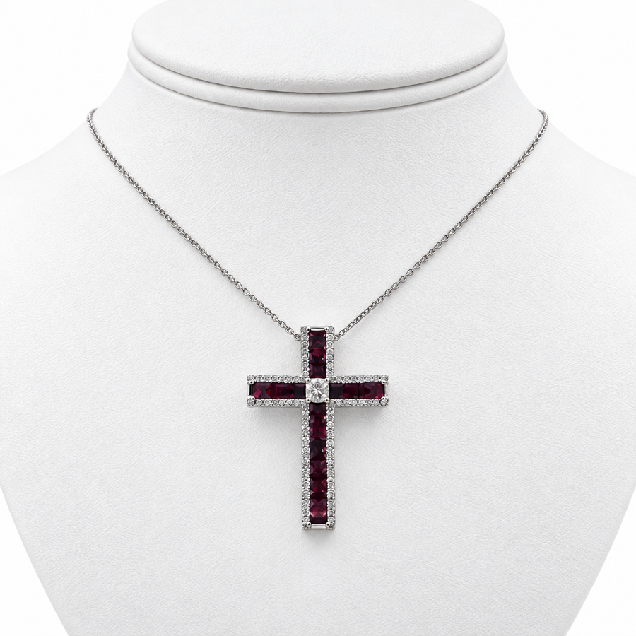 18k White Gold Cross Pendant with Diamonds and Rubies with 14" Necklace.