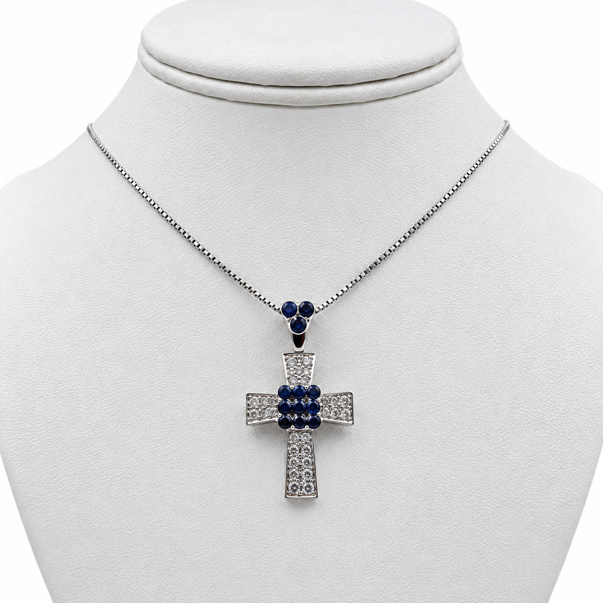 18k White Gold Cross Pendant with Diamonds and Sapphires with 14" Necklace.