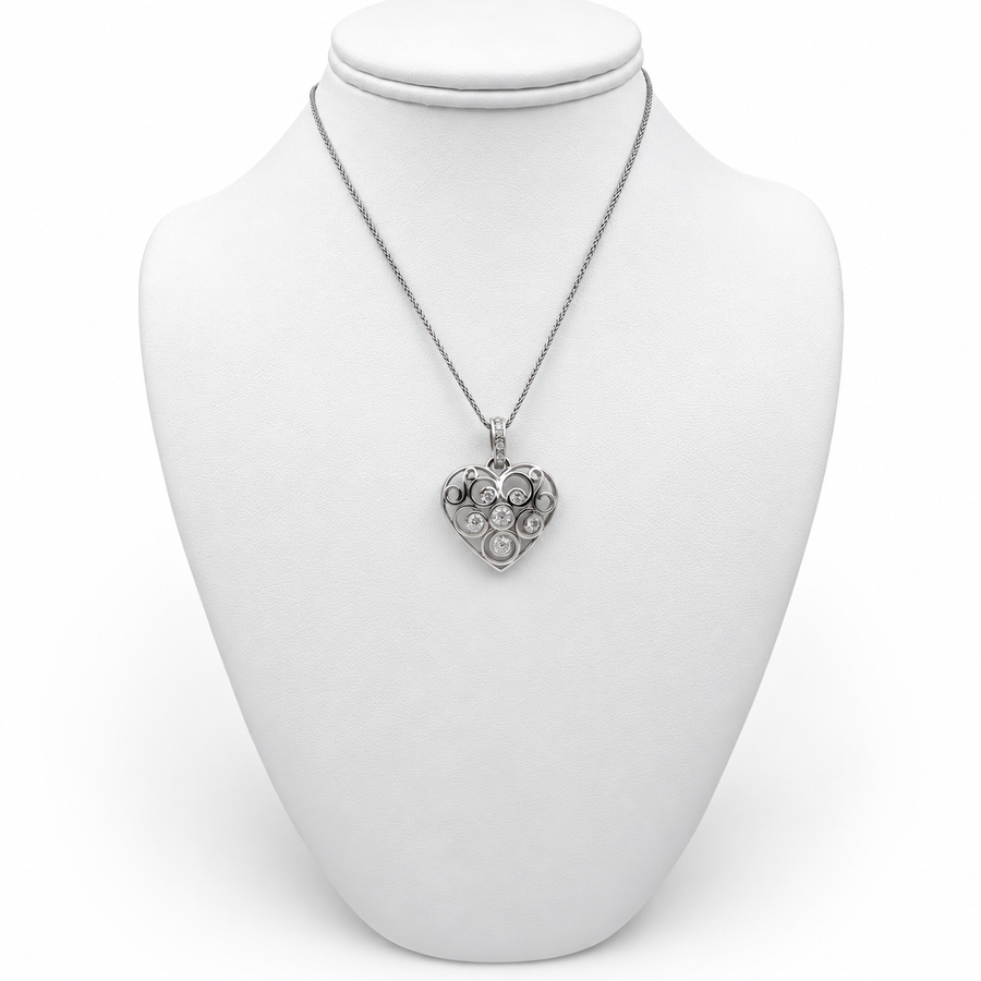 18k White Gold Heart Pendant with 13 Diamonds and 26" Necklace.