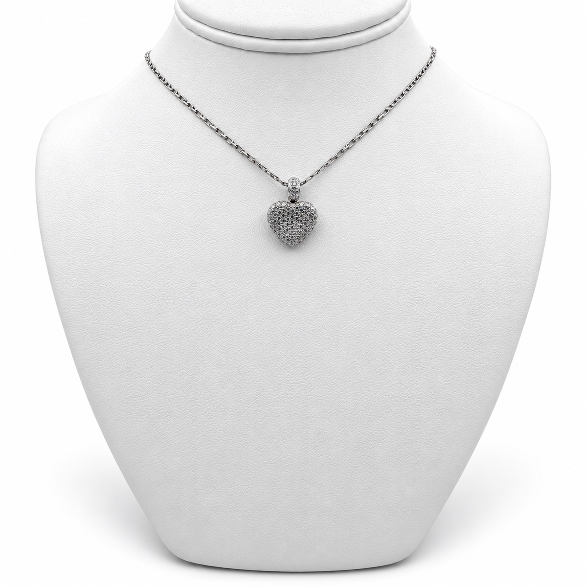 18k White Gold Heart Pendant with Diamonds and 15" Necklace.