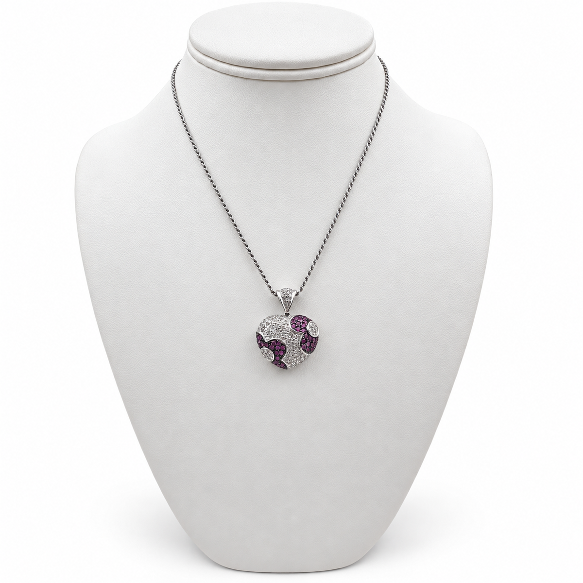 18k White Gold Heart Pendant  with Diamonds and Pink Sapphires 14" Necklace.