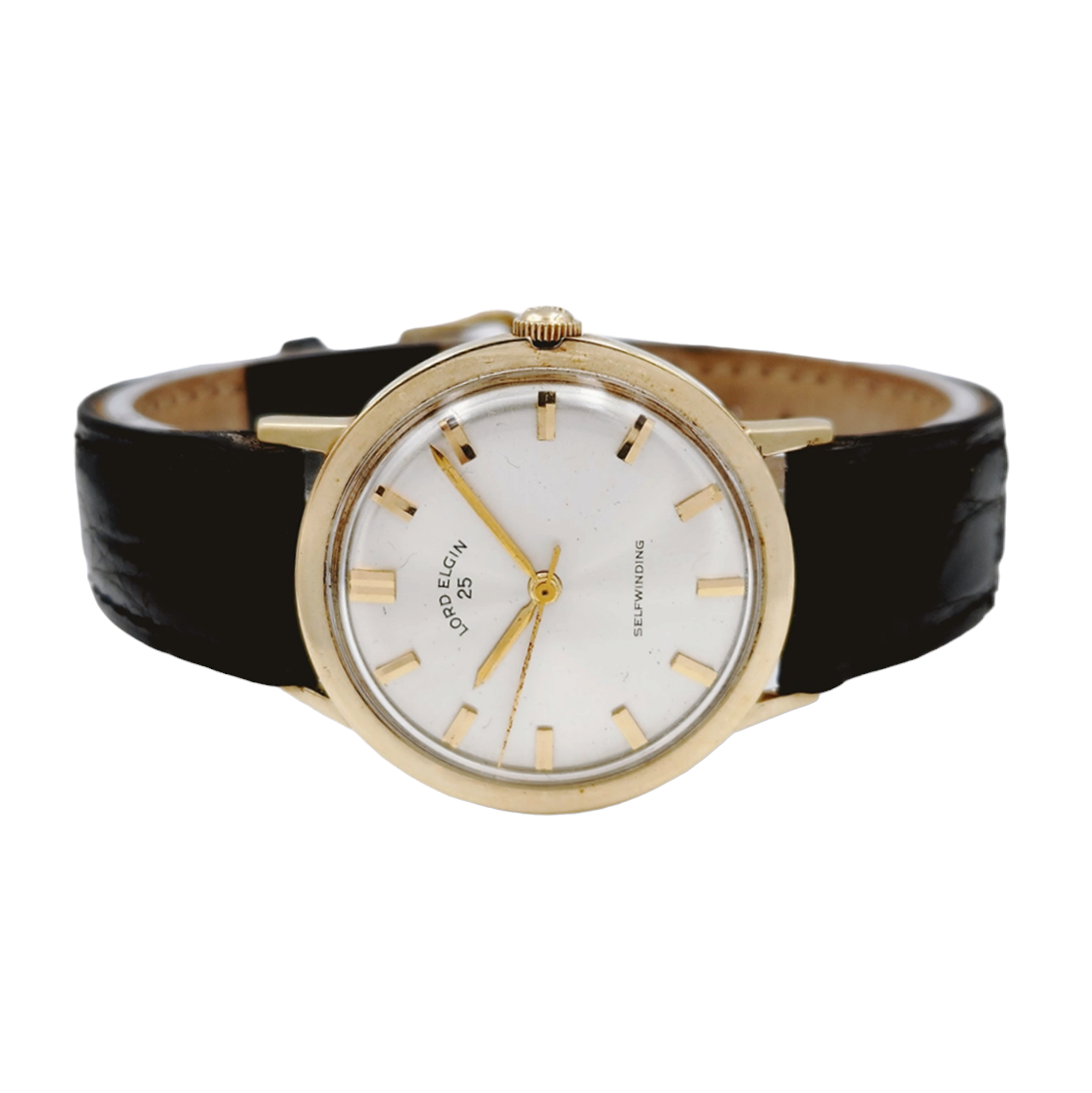 1950's Men's Lord Elgin 25 Vintage 34mm - 14K Yellow Gold Automatic Watch with Black Leather Band and Silver Dial. (Pre-Owned)