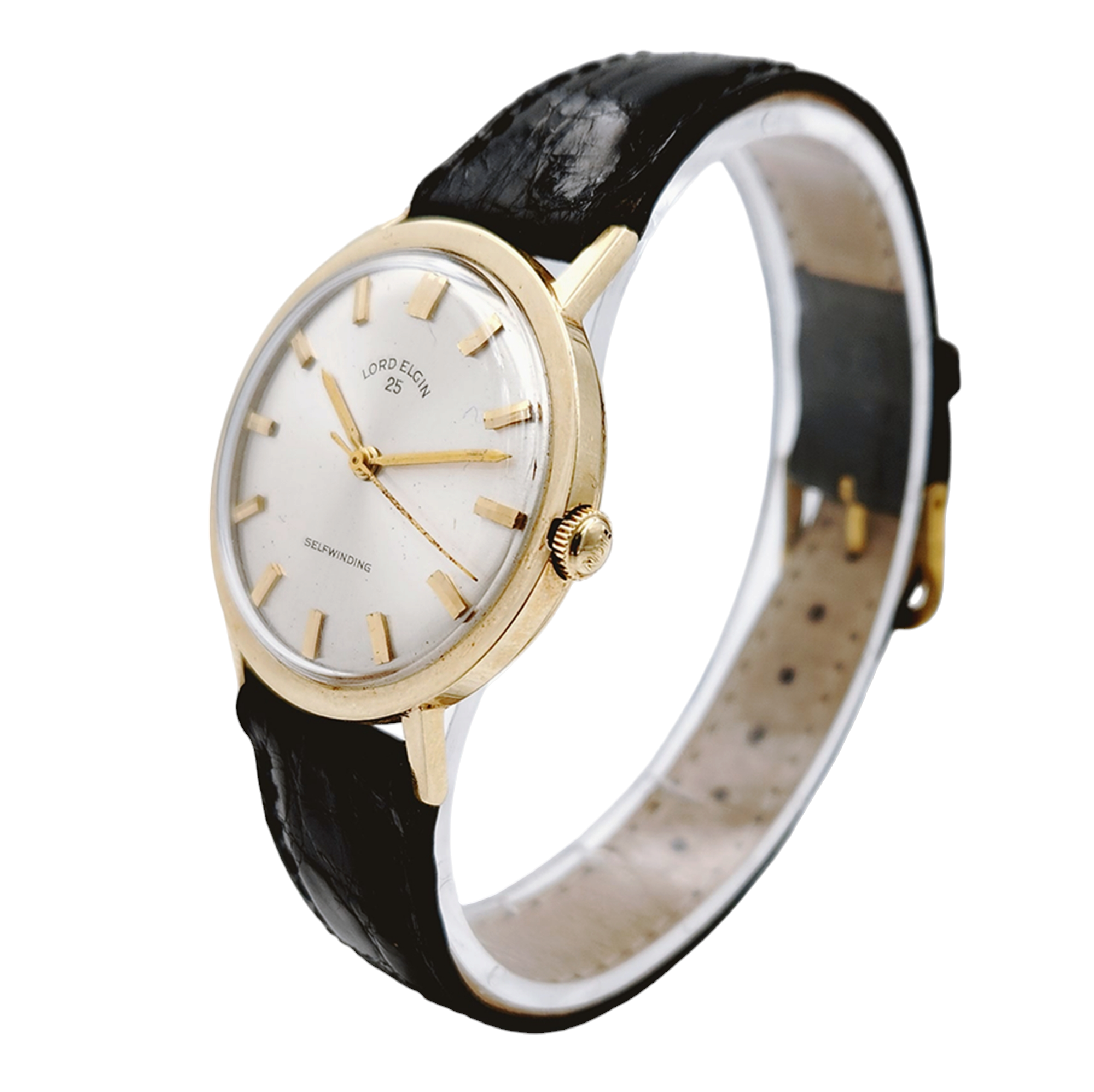 1950's Men's Lord Elgin 25 Vintage 34mm - 14K Yellow Gold Automatic Watch with Black Leather Band and Silver Dial. (Pre-Owned)