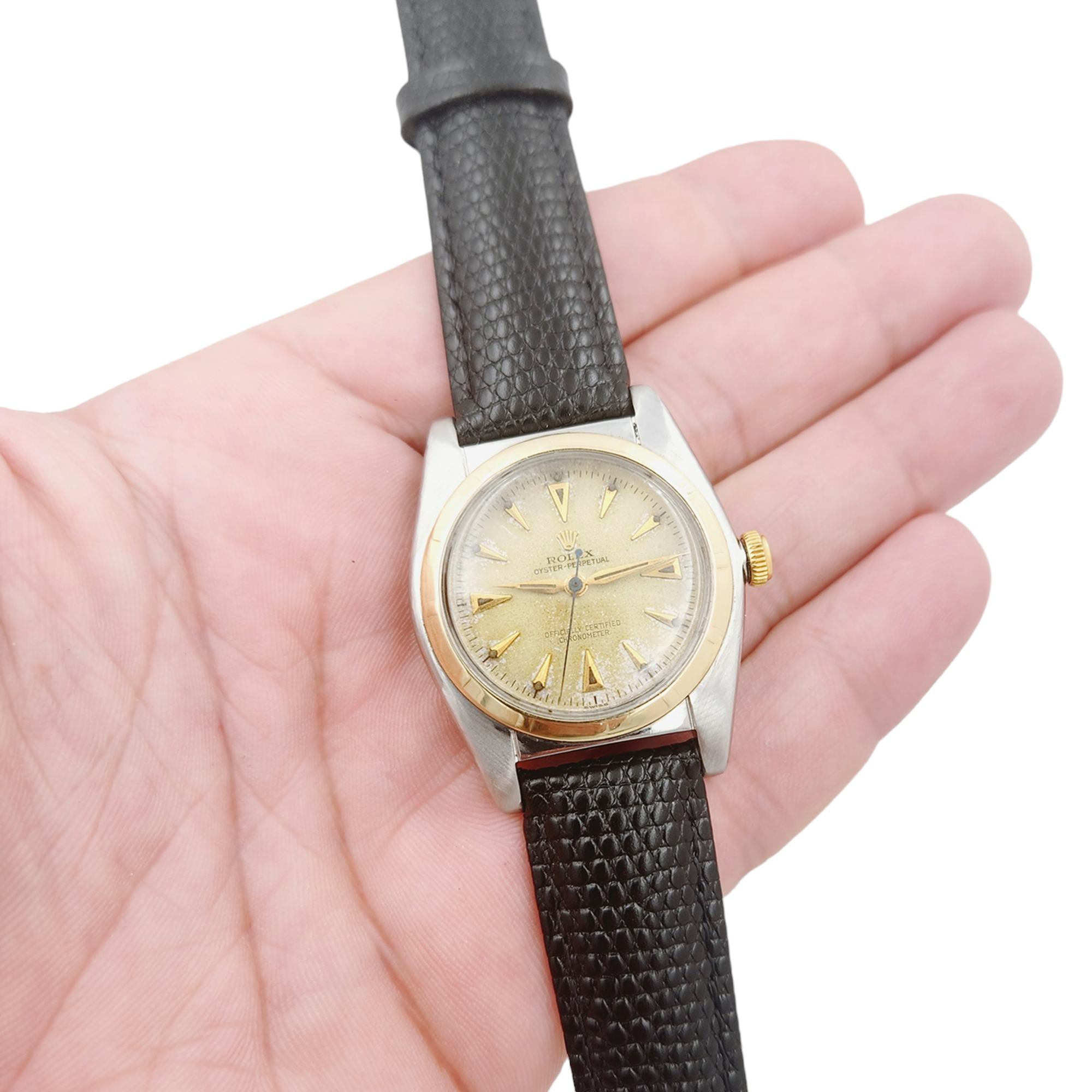 1957 Men's Rolex 32mm Bubbleback Vintage Oyster Perpetual Two Tone Wristwatch w/ Black Leather Strap & Gold Dial. (Pre-Owned 5011)