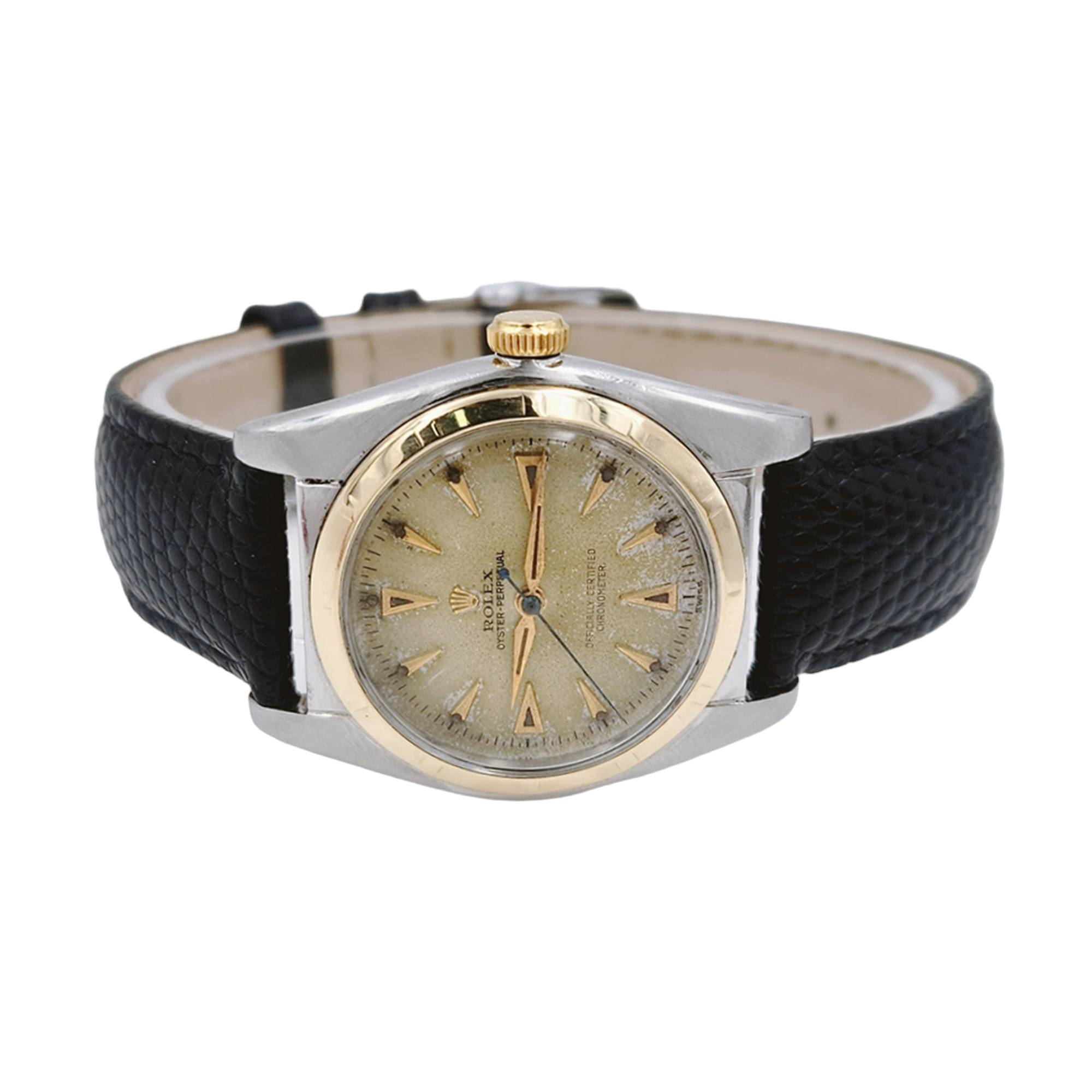 1957 Men's Rolex 32mm Bubbleback Vintage Oyster Perpetual Two Tone Watch with Black Leather Strap and Gold Dial. (Pre-Owned 5011)