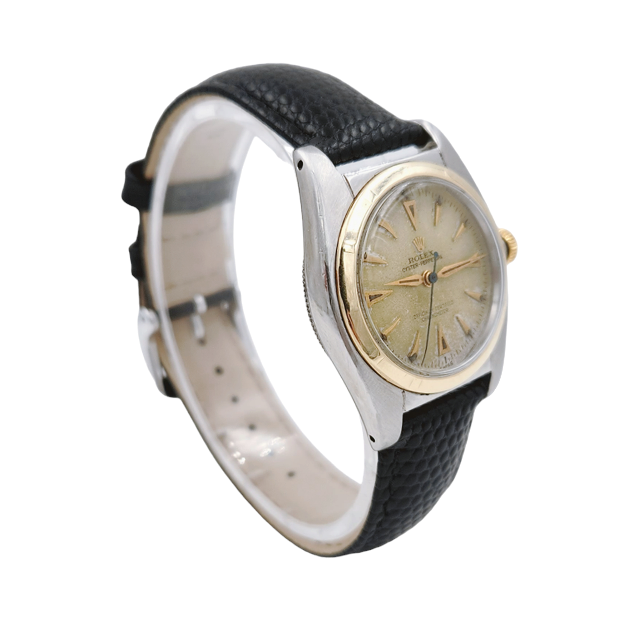 1957 Men's Rolex 32mm Bubbleback Vintage Oyster Perpetual Two Tone Watch with Black Leather Strap and Gold Dial. (Pre-Owned 5011)