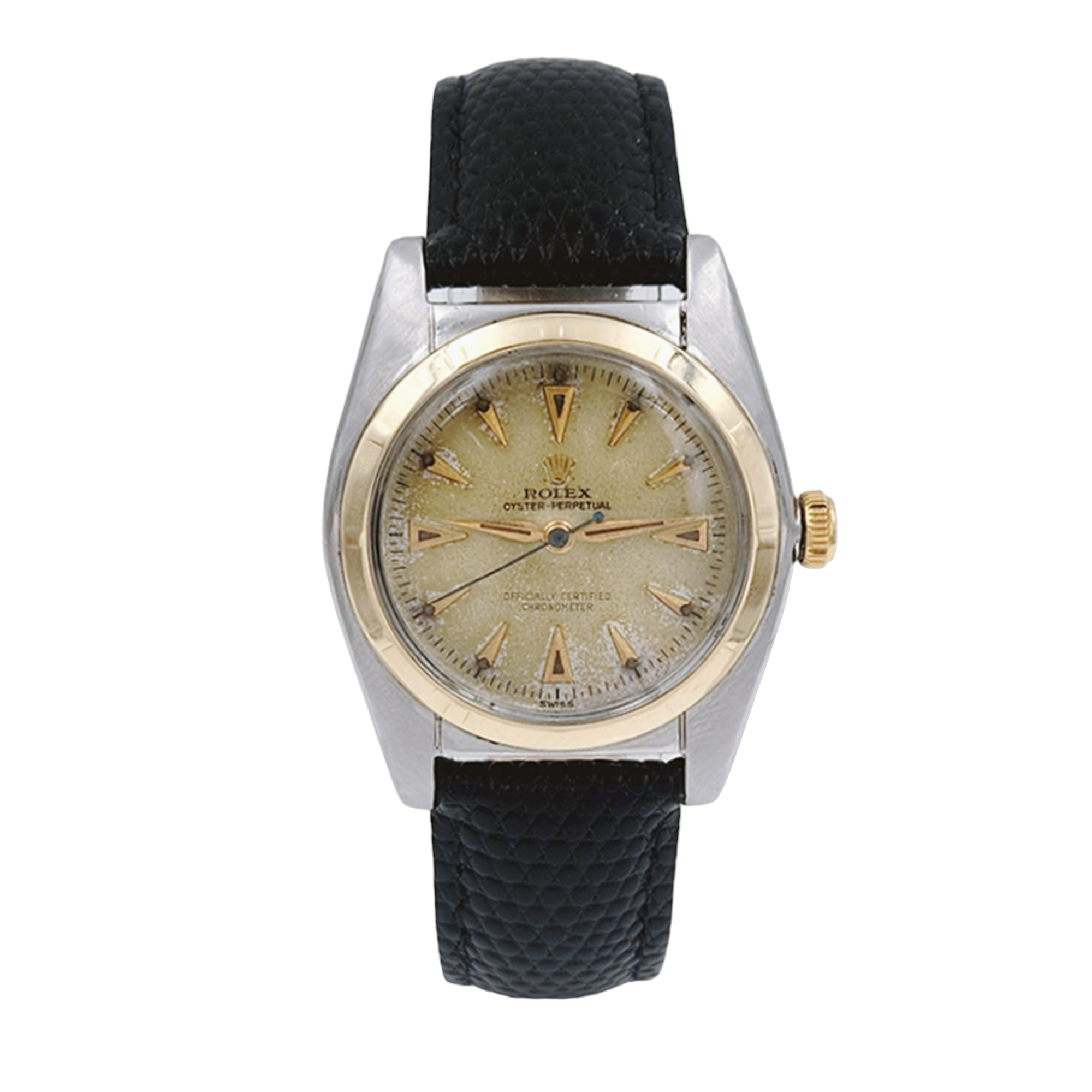 1957 Men's Rolex 32mm Bubbleback Vintage Oyster Perpetual Two Tone Wristwatch w/ Black Leather Strap & Gold Dial. (Pre-Owned 5011)