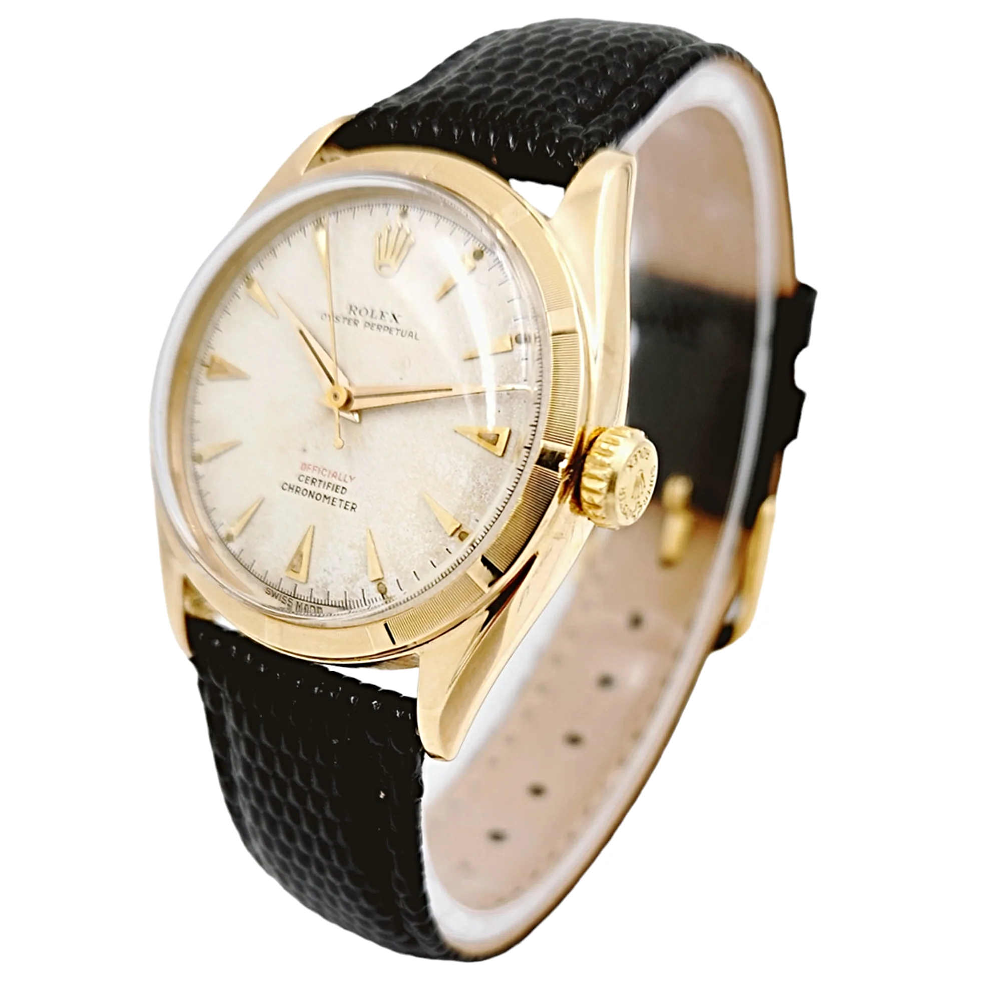 1958 Men's Rolex 34mm Vintage Oyster Perpetual 18K Yellow Gold Watch with Cream Dial and Black Leather Strap. (Pre-Owned 6085)
