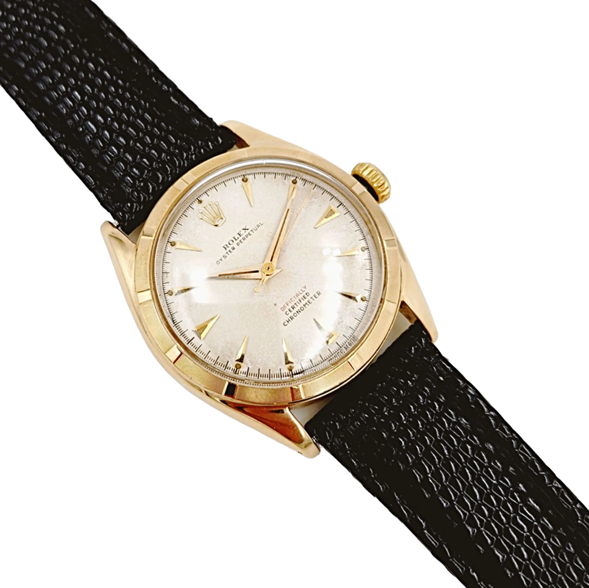 1958 Men's Rolex 34mm Vintage Oyster Perpetual 18K Yellow Gold Watch with Cream Dial and Black Leather Strap. (Pre-Owned 6085)