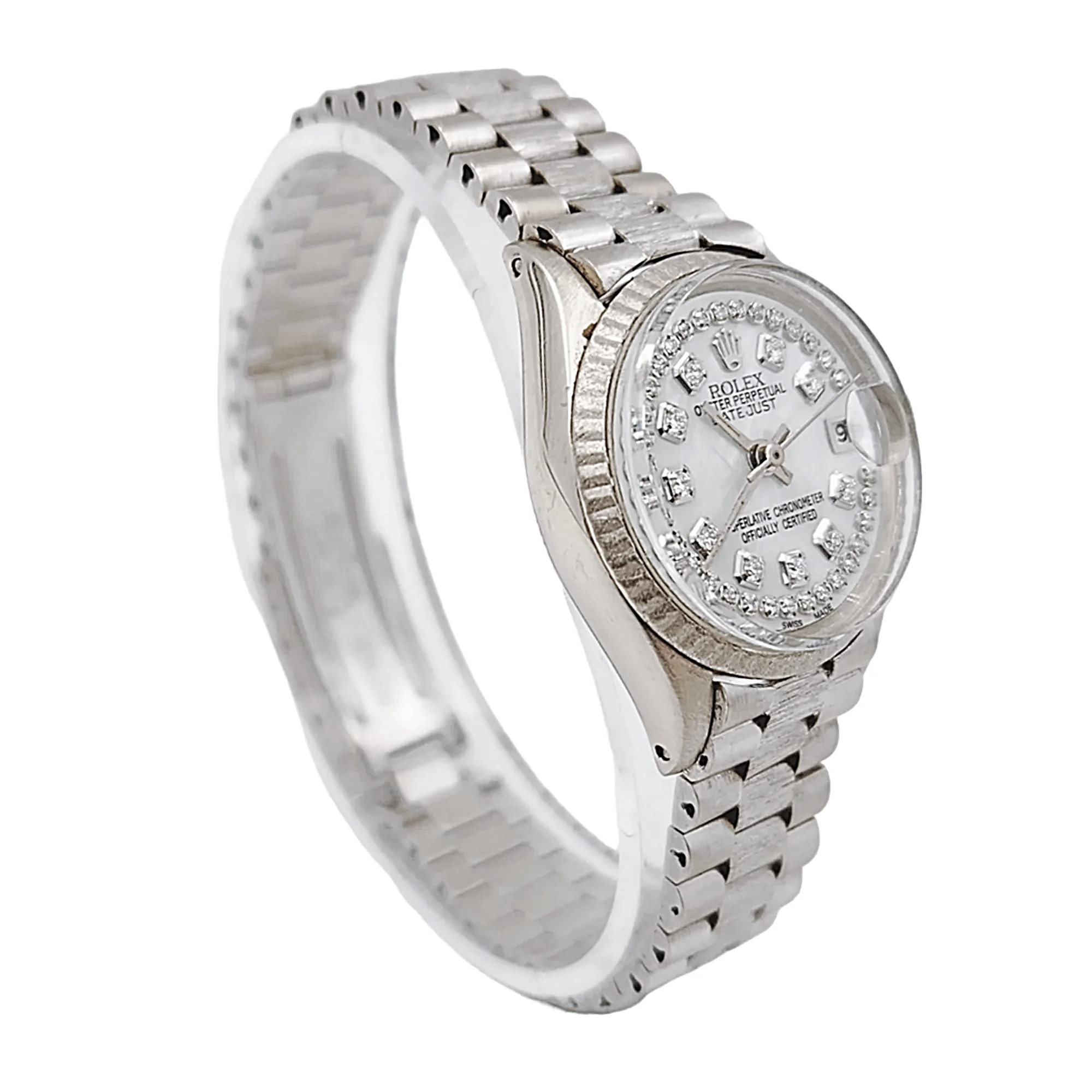 1967 Ladies Rolex 24mm Vintage Bark Finish Solid 18K White Gold Watch with Mother of Pearl Diamond Dial. (Pre-Owned 6517)